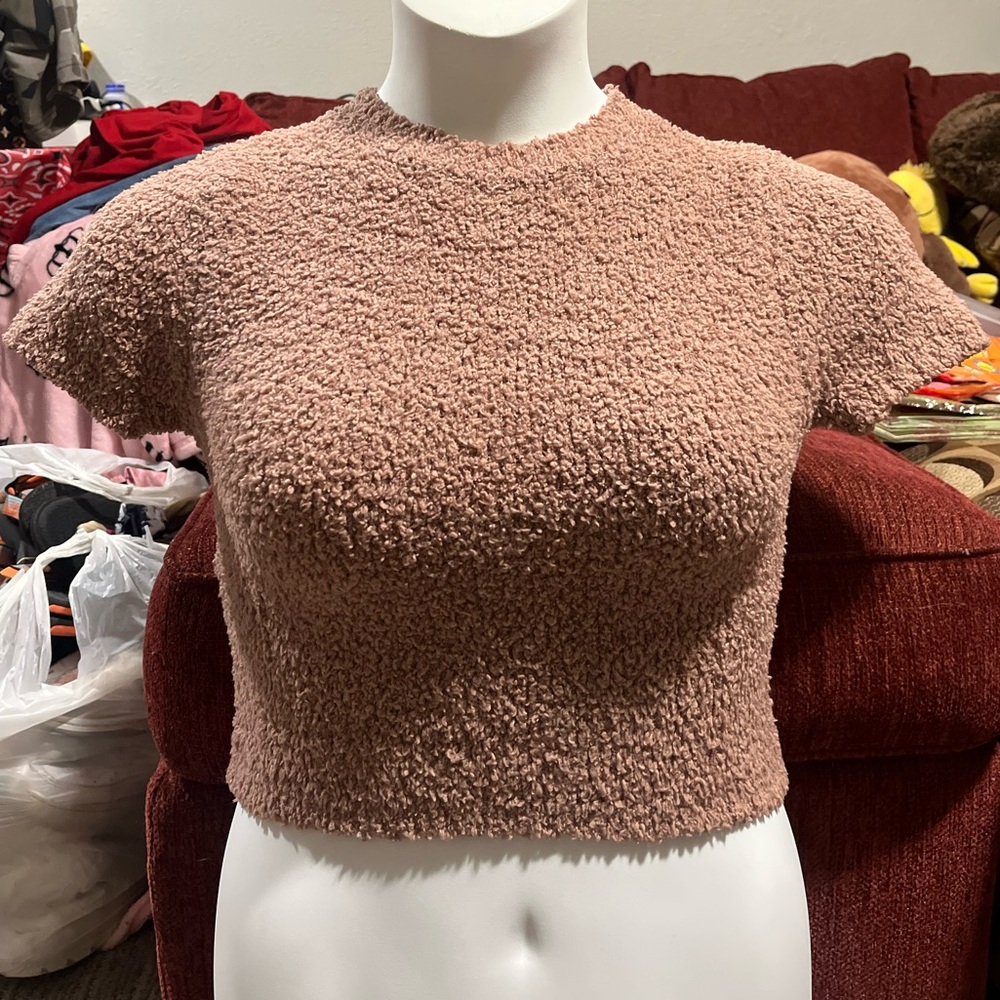 Skims Fuzzy Knit Brown Crop Top